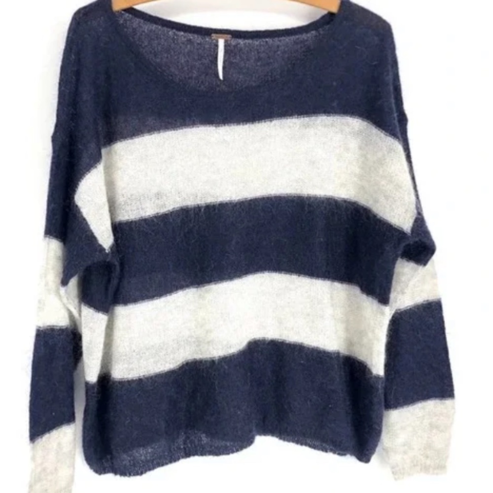 Free People Navy Stripe Mohair Pullover Sweater - Large